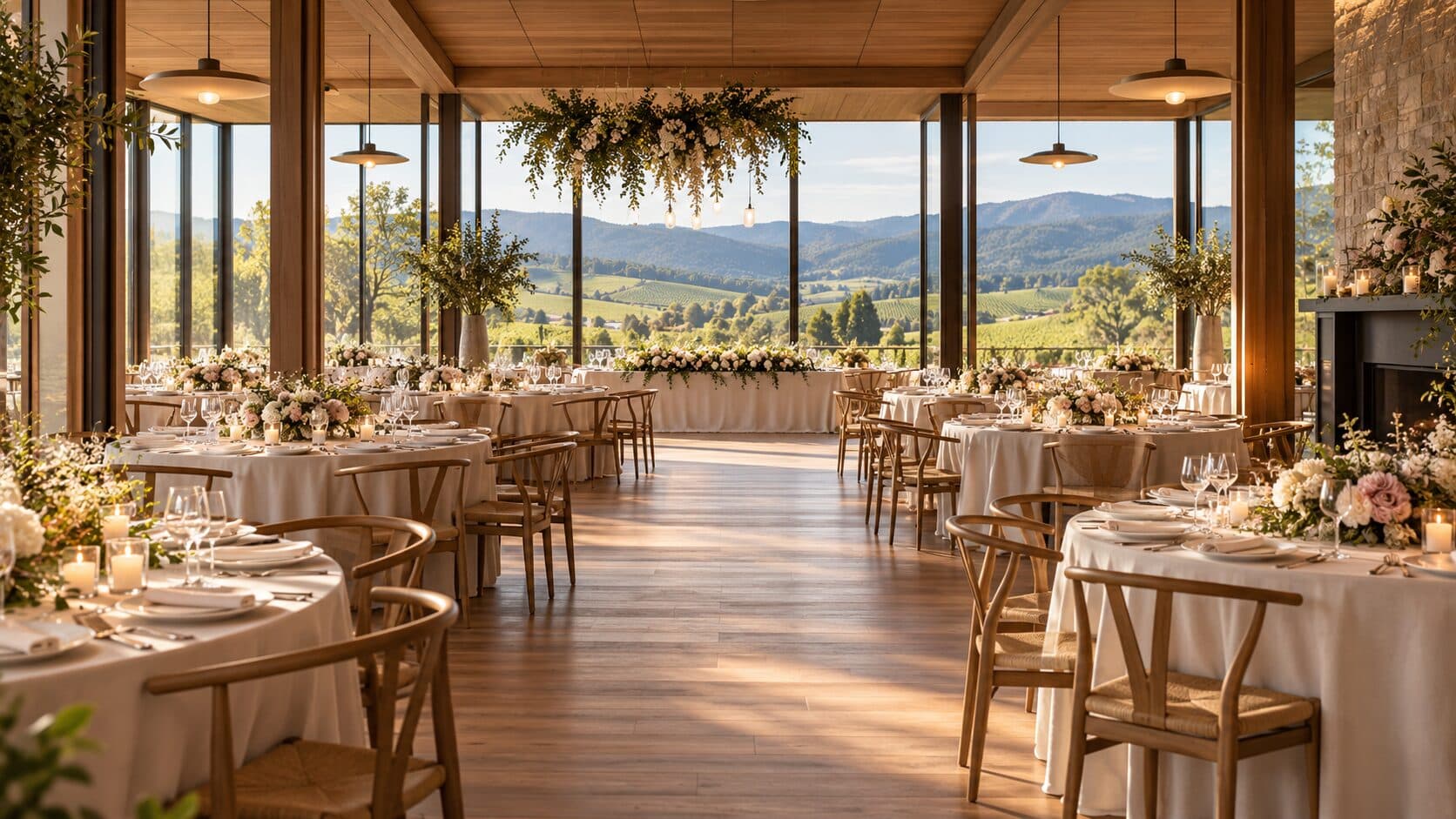 Illustrative three-dimensional view of a wedding dining room with warm timber, floral tables and valley views